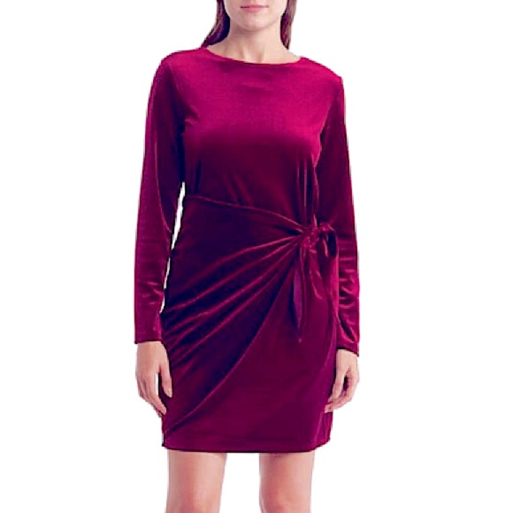 Betsey Johnson Velour Long Sleeve A Line Dark Red Fuchsia Formal Dress Size 14 - Picture 2 of 3